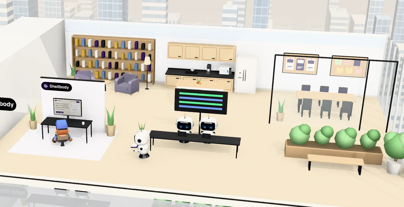 Shellbody’s office on floor 1 of Tower 2: the owner’s desk with the website on screen, the agents’ bench, a meeting room and a library